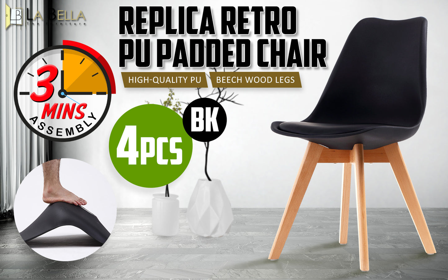 La Bella Padded Dining Cafe Chairs x 4  - Black