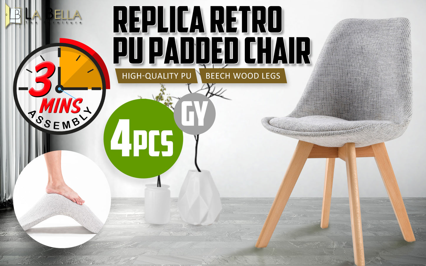 La Bella Padded Dining Cafe Chairs x 4 - Grey
