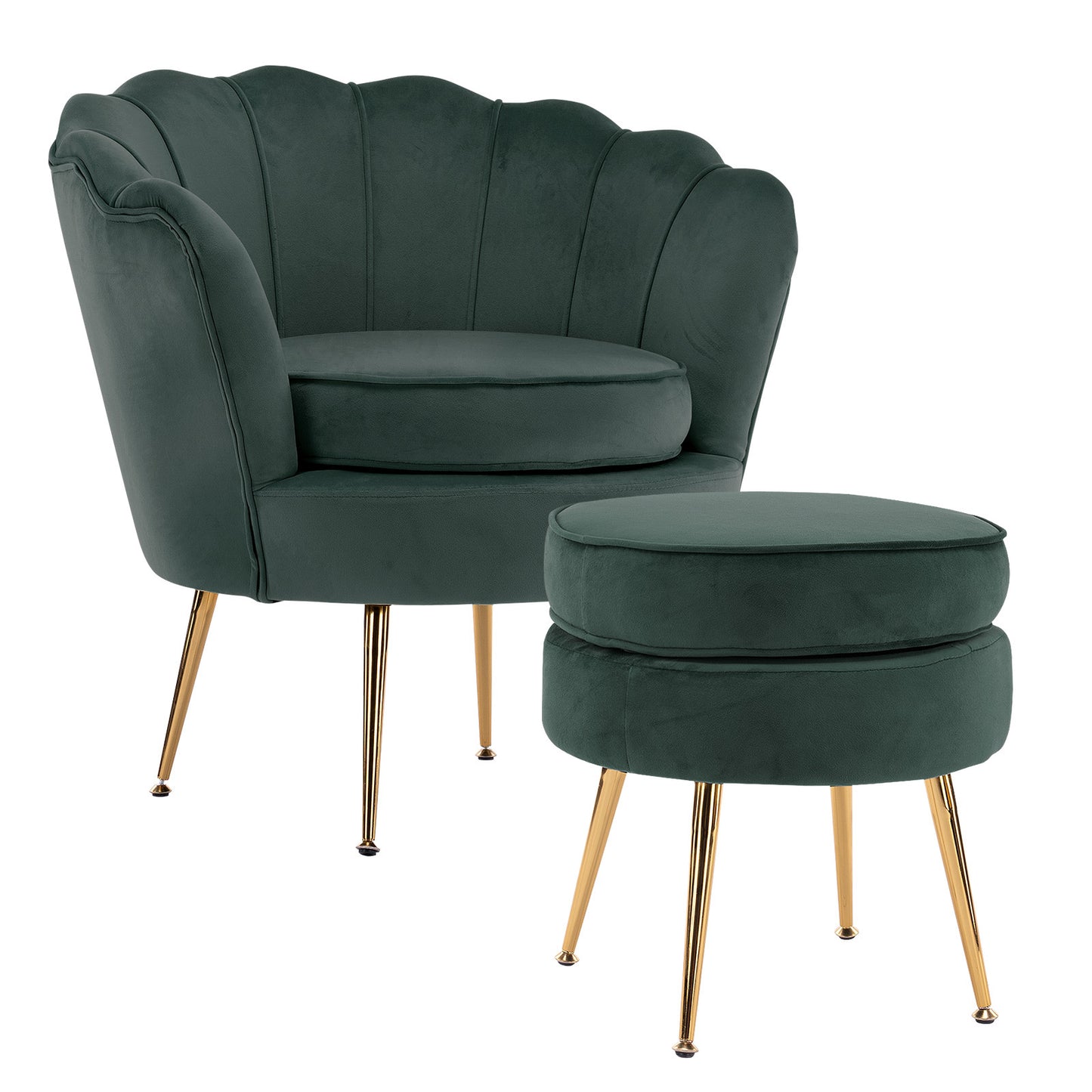 La Bella Velvet Shell Armchair and Round Ottoman - Green