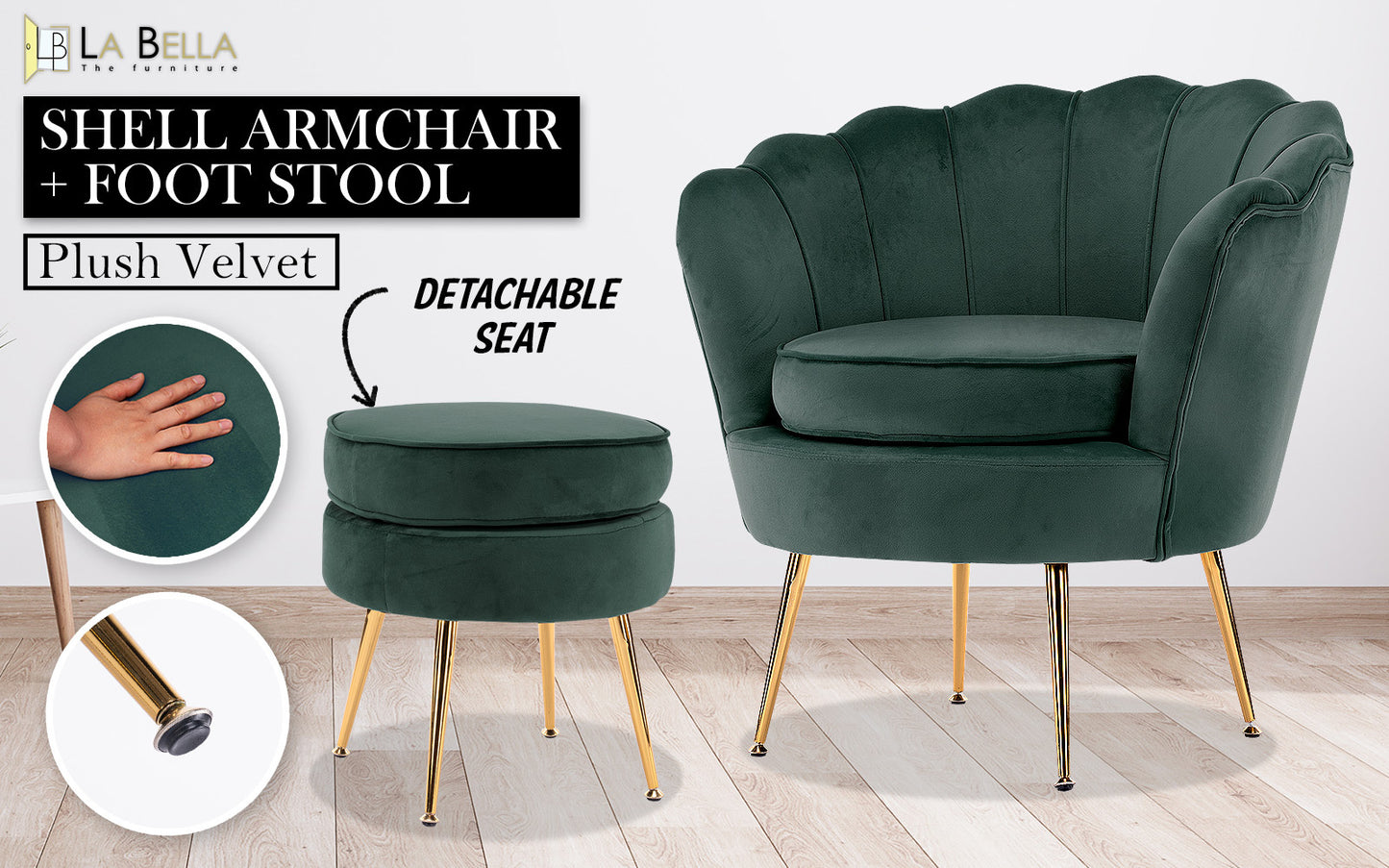 La Bella Velvet Shell Armchair and Round Ottoman - Green