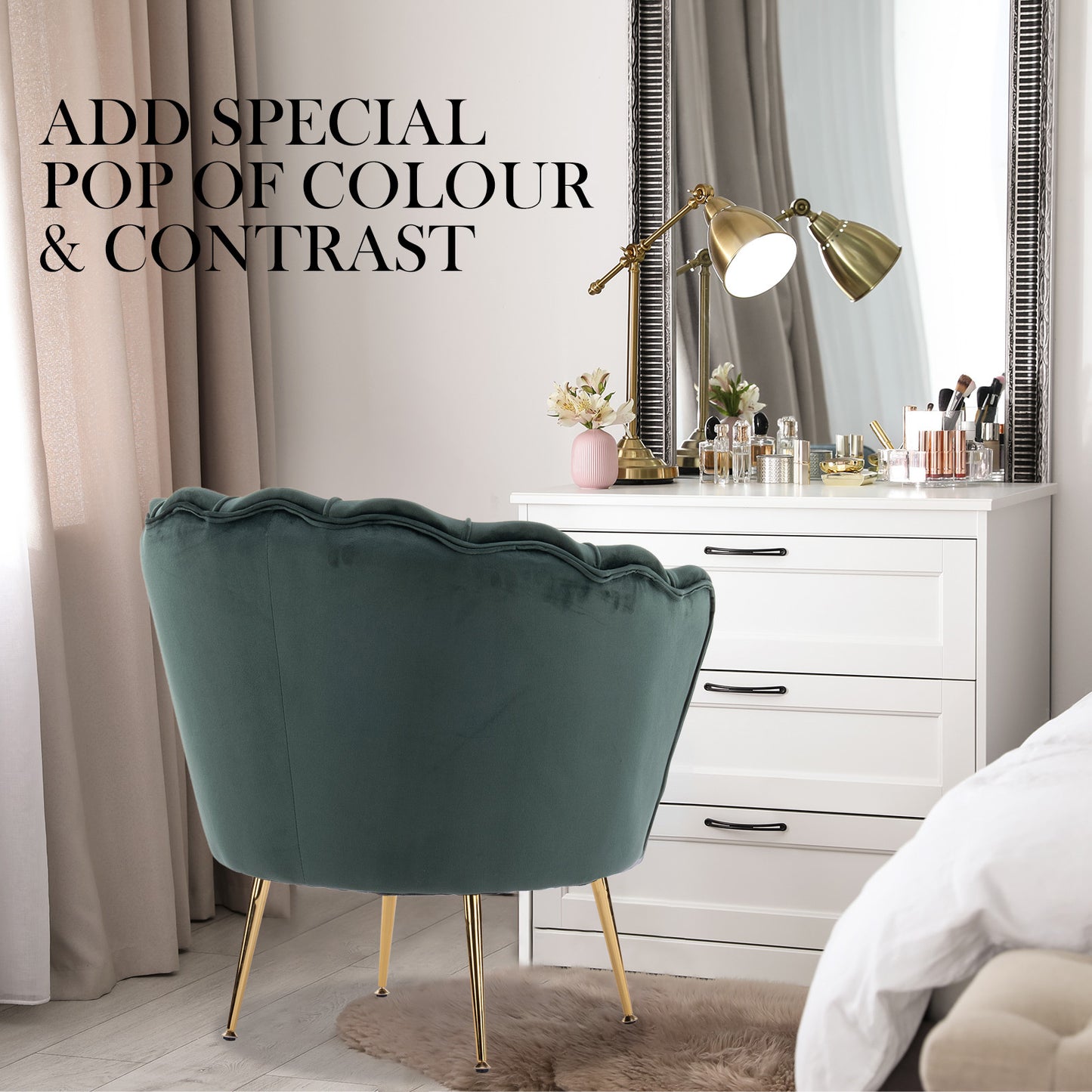 La Bella Velvet Shell Armchair and Round Ottoman - Green
