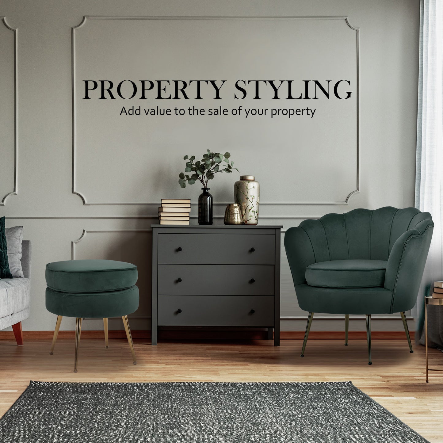 La Bella Velvet Shell Armchair and Round Ottoman - Green