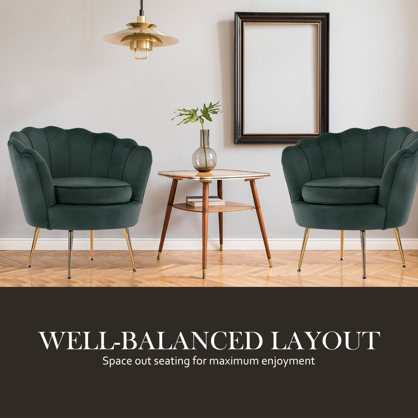La Bella Velvet Shell Armchair and Round Ottoman - Green