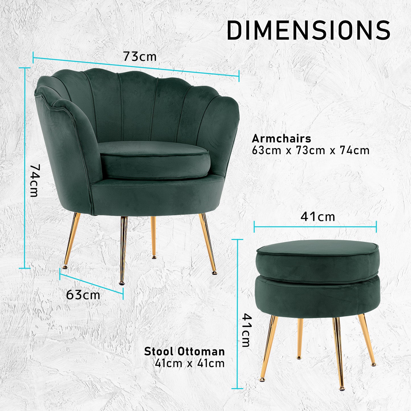 La Bella Velvet Shell Armchair and Round Ottoman - Green