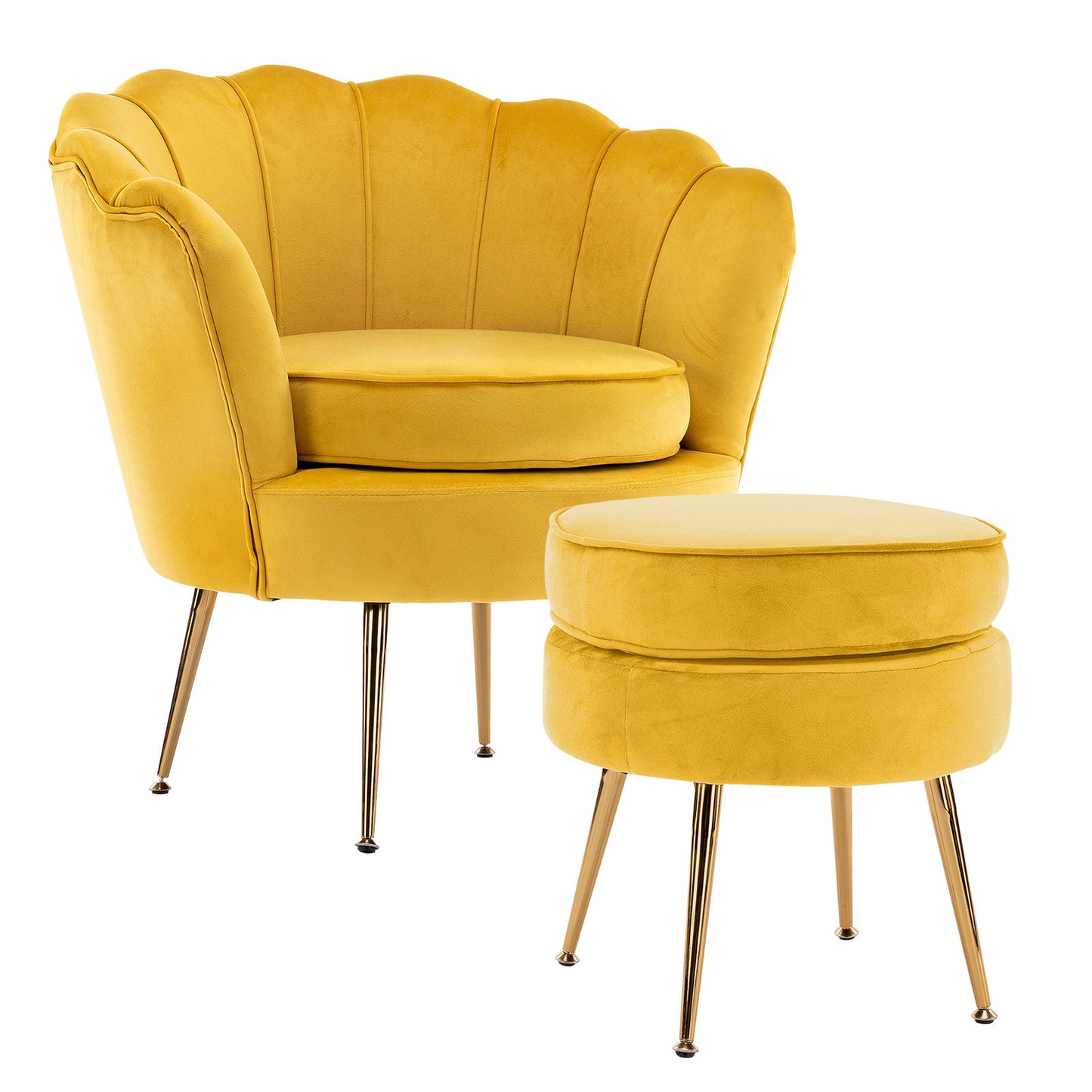 La Bella Velvet Shell Armchair and Round Ottoman - Yellow