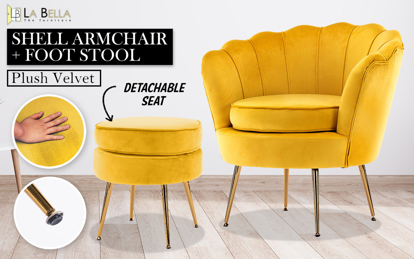 La Bella Velvet Shell Armchair and Round Ottoman - Yellow