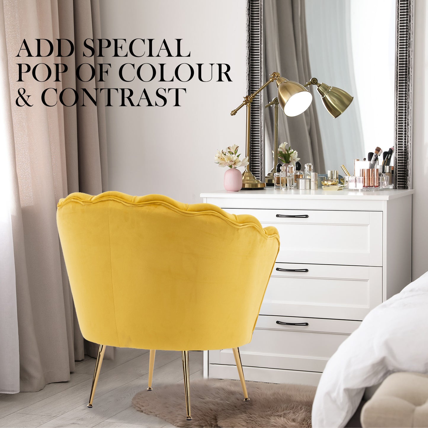 La Bella Velvet Shell Armchair and Round Ottoman - Yellow