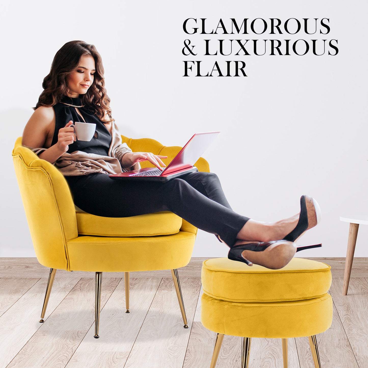 La Bella Velvet Shell Armchair and Round Ottoman - Yellow