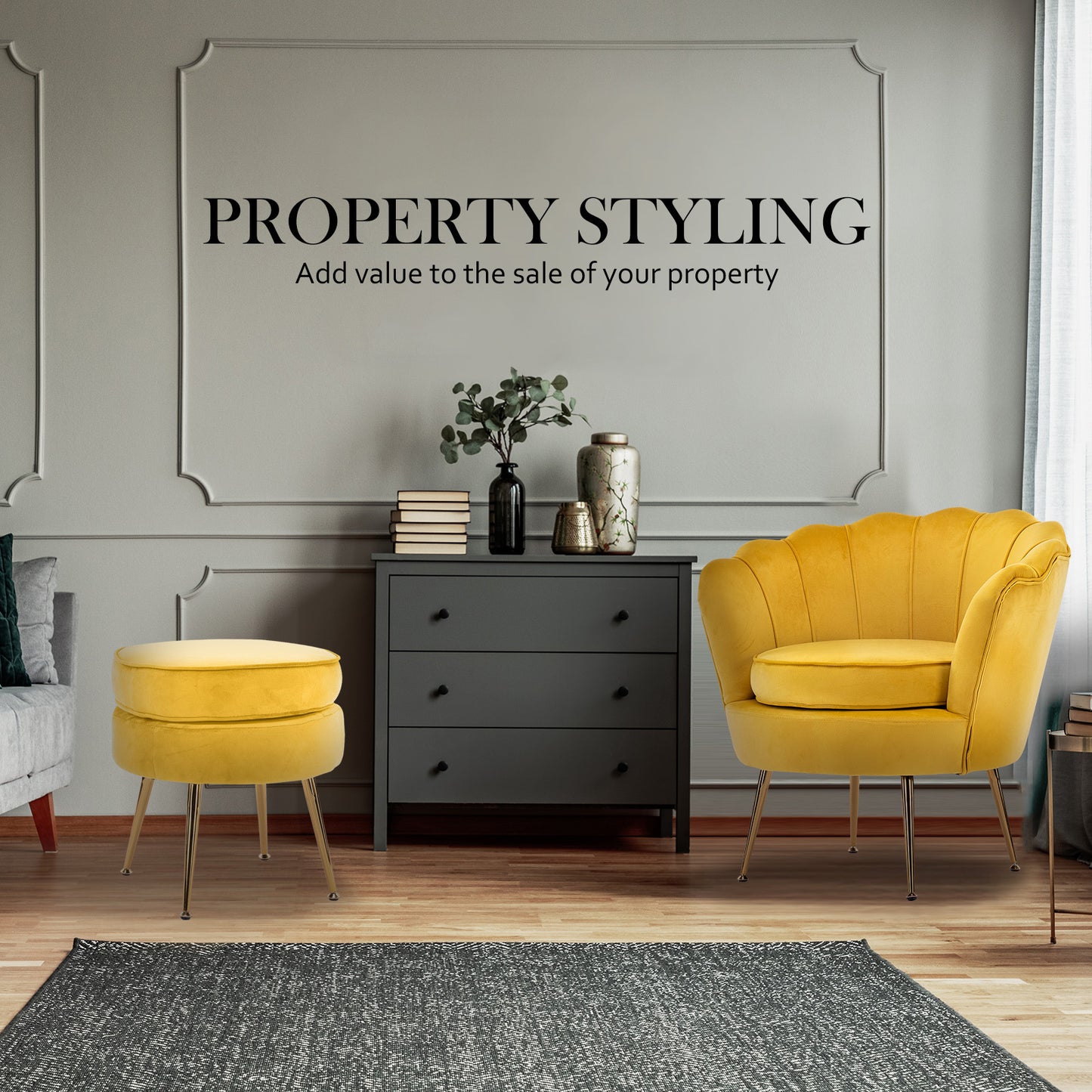 La Bella Velvet Shell Armchair and Round Ottoman - Yellow