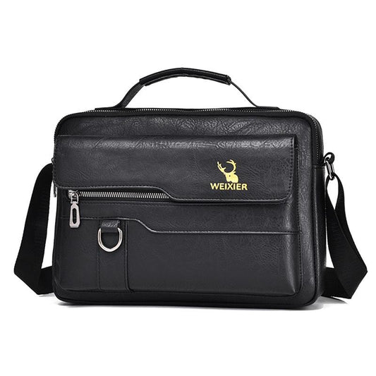 Men's Retro Leather Shoulder Laptop Business Bag - Black