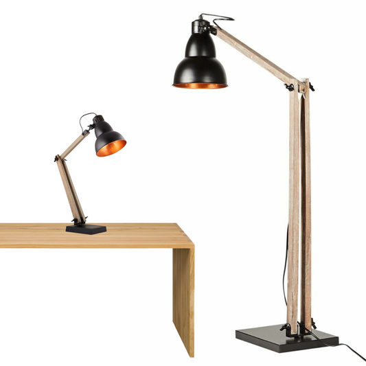 Faroe Scandi Retro Floor Lamp and Table Desk Lamp - Natural Wooden