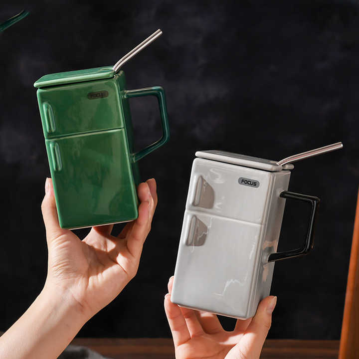 Retro Refrigerator Ceramic Mug with Lid & Straw - Green