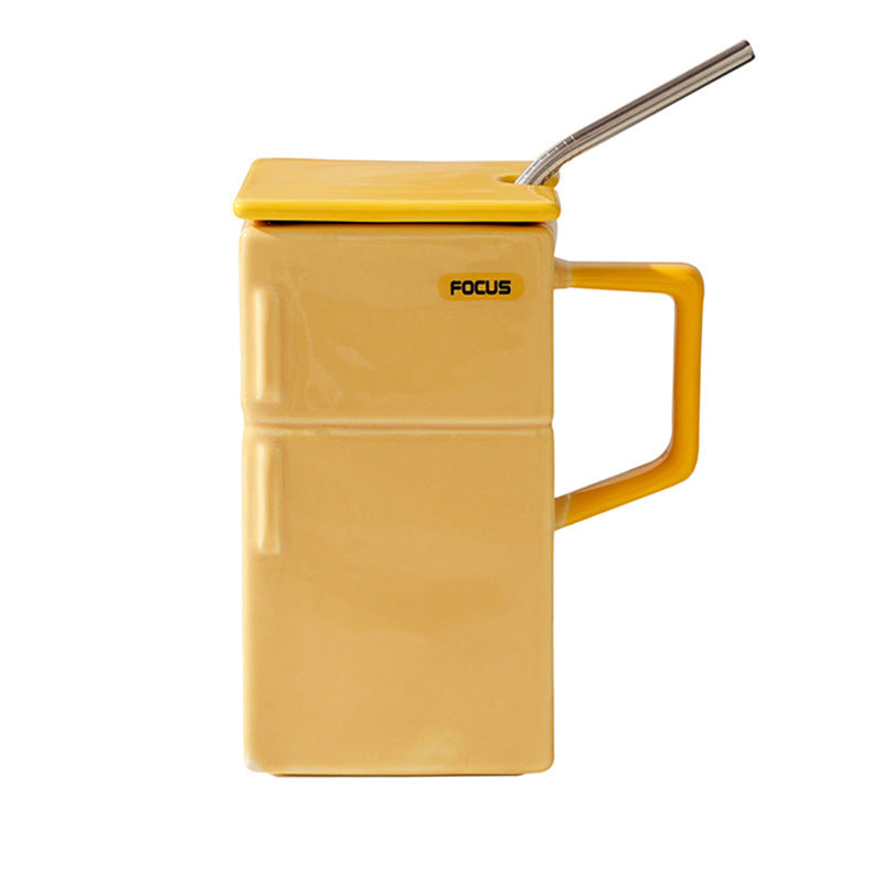 Retro Refrigerator Ceramic Mug with Lid & Straw - Yellow