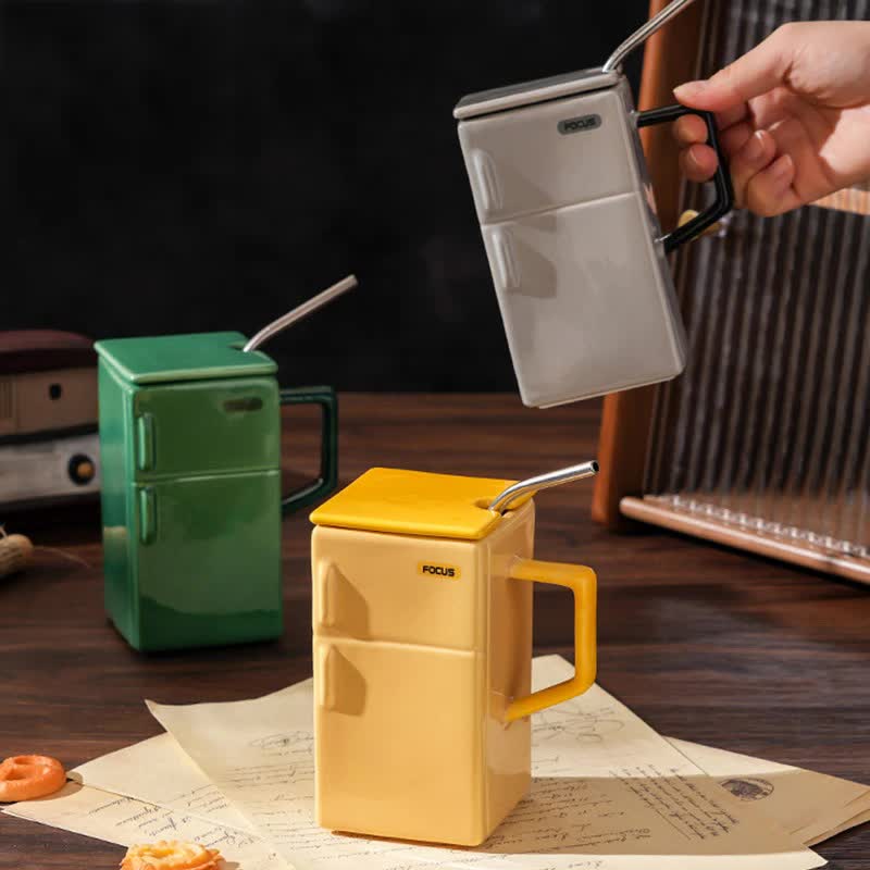 Retro Refrigerator Ceramic Mug with Lid & Straw - Yellow