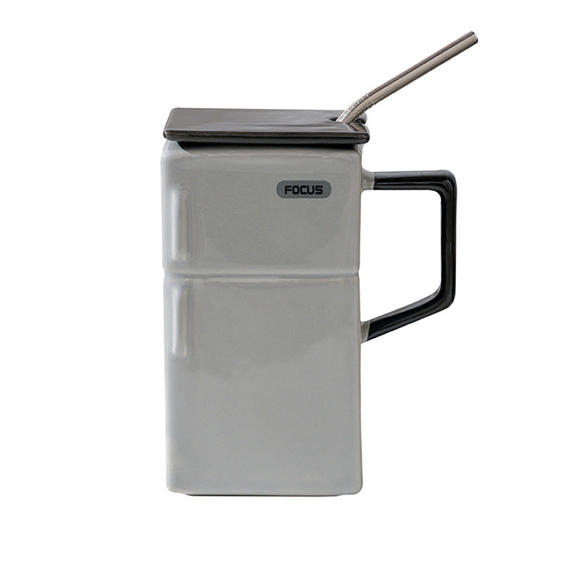 Retro Refrigerator Ceramic Mug with Lid & Straw - Grey