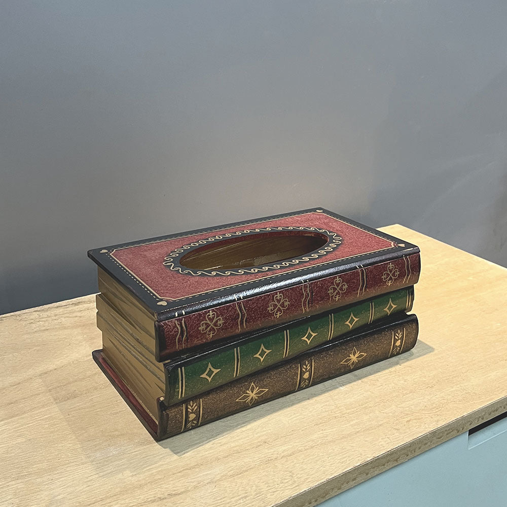 Vintage Style Wooden Book Tissue Box - Dark Red