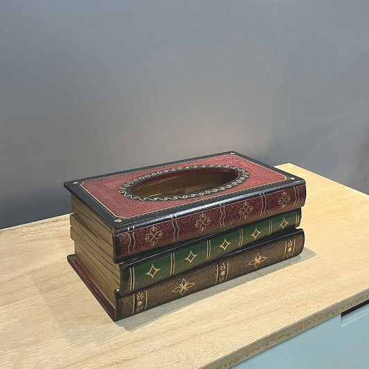 Vintage Style Wooden Book Tissue Box - Dark Red