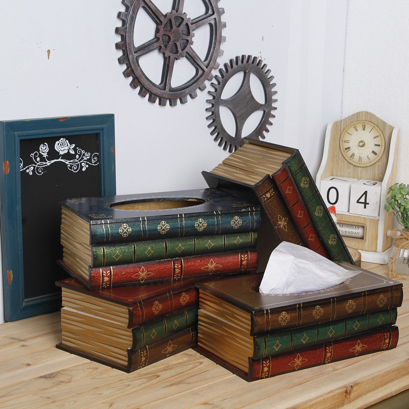 Vintage Style Wooden Book Tissue Box - Dark Red