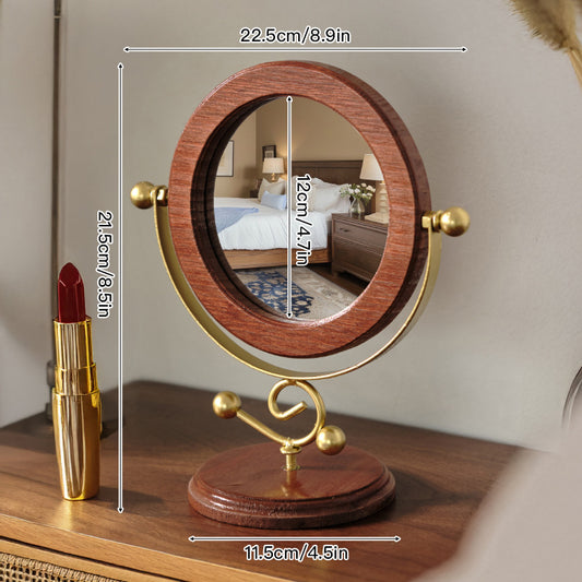 Vintage Style Solid Wood 360° Rotation Makeup Mirror - Gold and Brown