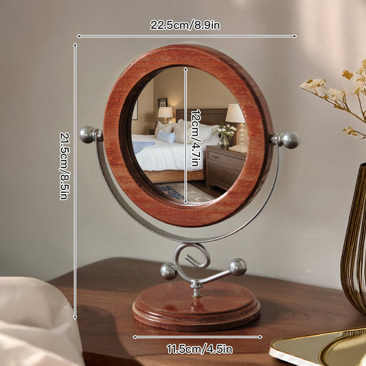 Vintage Style Solid Wood 360° Rotation Makeup Mirror - Silver & Brown