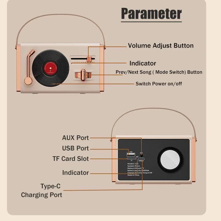 Retro Record Player Style Wireless Bluetooth Speaker - Beige