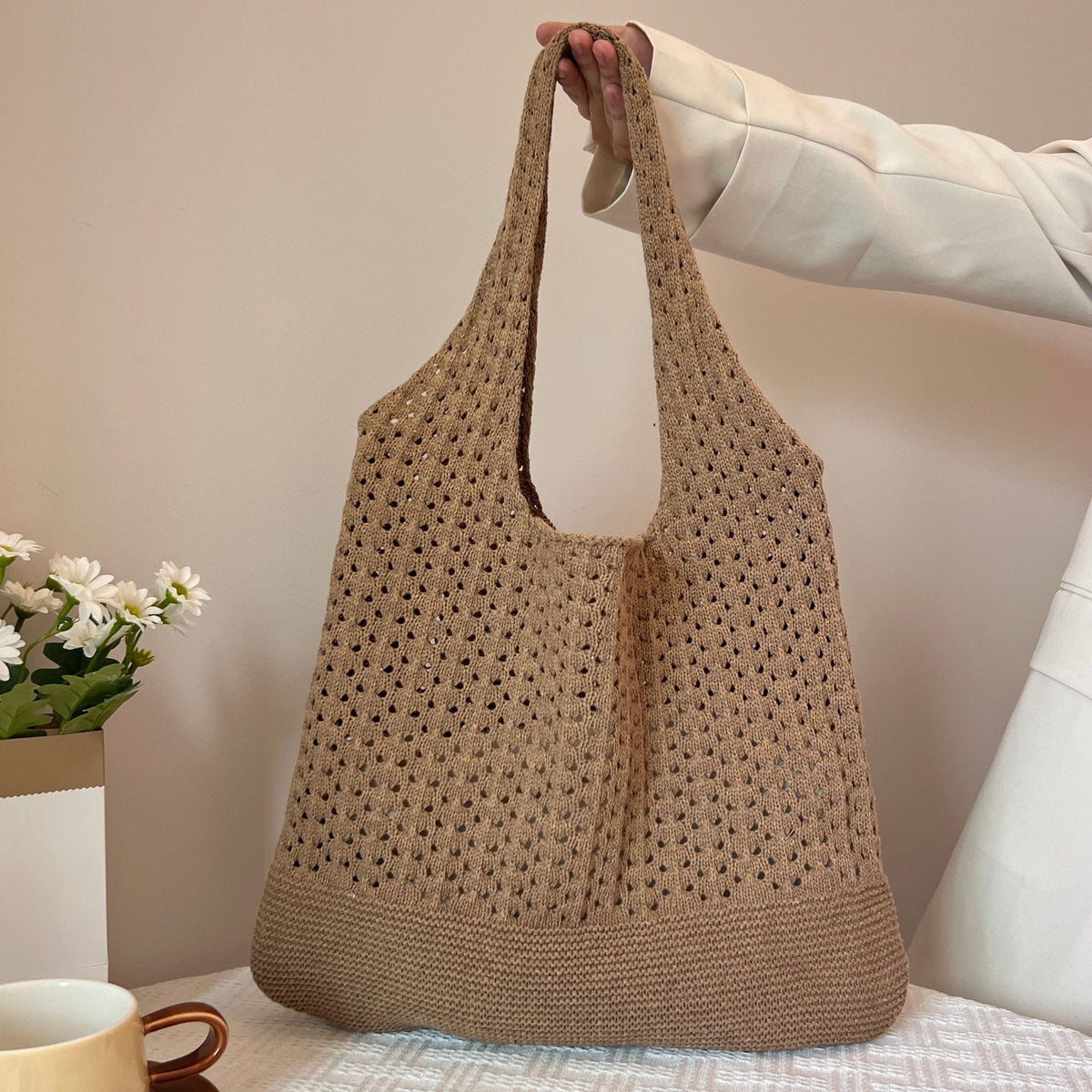 Handwoven Knitted Tote Bag - Coffee