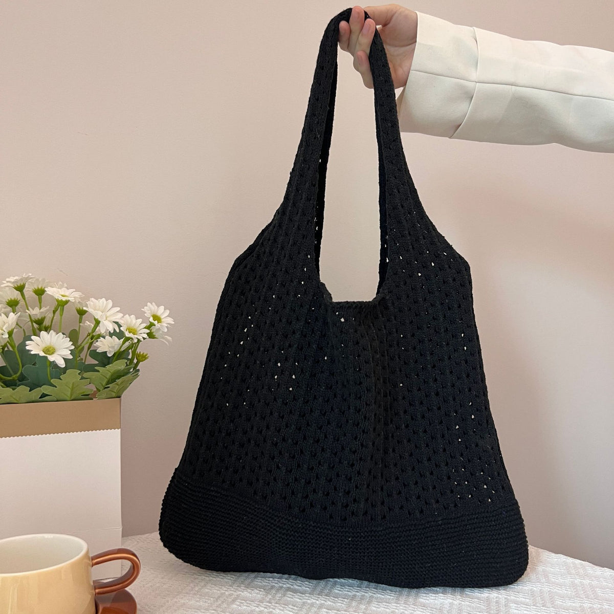 Handwoven Knitted Tote Bag - Black